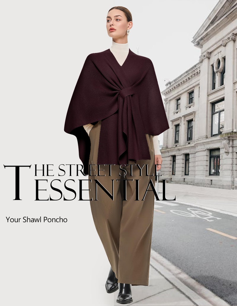 PULI Women's Shawl Wraps Ribbed Poncho Ruana Cape Open Front Cardigan Sweater Evening Dress for Fall Winter Burgundy - Image 2