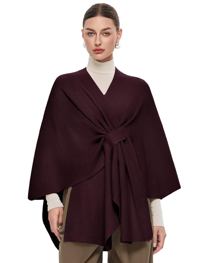 PULI Women's Shawl Wraps Ribbed Poncho Ruana Cape Open Front Cardigan Sweater Evening Dress for Fall Winter Burgundy - Image 1