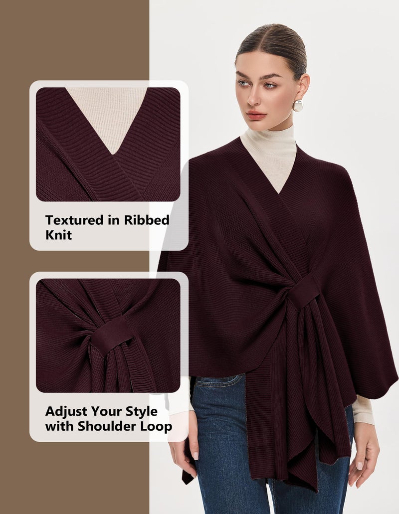 PULI Women's Shawl Wraps Ribbed Poncho Ruana Cape Open Front Cardigan Sweater Evening Dress for Fall Winter Burgundy - Image 5