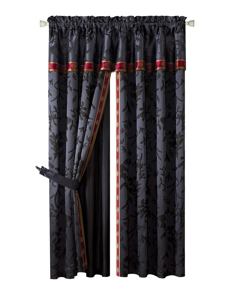 Chezmoi Collection Chezmoi Collection 4Pieces Black Gold Red Palace Jacquard Window CurtainDrape Set with Sheer Backing 