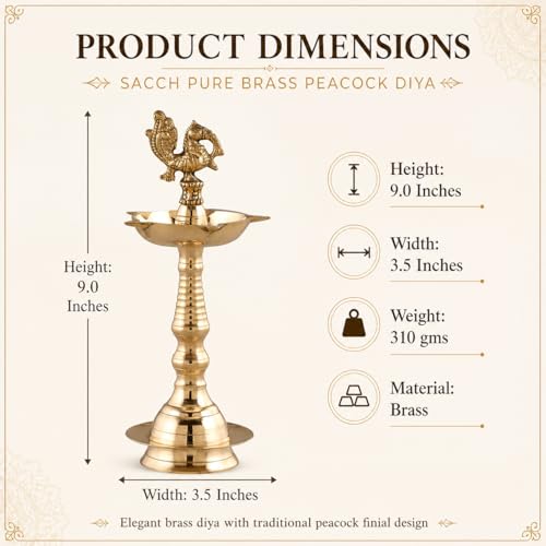 SACCH Heritage Series Peacock Brass Diya | 9 Inch/22cm Ceremonial Standing Mayur Samai | Approx 310g Handcrafted Inaugural Lamp for Offices, Schools, Felicitations, Auspicious Beginnings & Home Mandir - Image 2