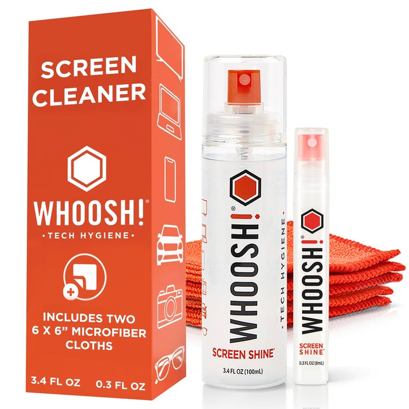 WHOOSH! Screen Shine Duo Screen Cleaner Kit for iPad, MacBook, Monitor and Laptop - 3.4 oz & 0.3 oz Spray with 2 Microfiber Cloths - Image 1