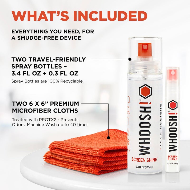WHOOSH! Screen Shine Duo Screen Cleaner Kit for iPad, MacBook, Monitor and Laptop - 3.4 oz & 0.3 oz Spray with 2 Microfiber Cloths - Image 2
