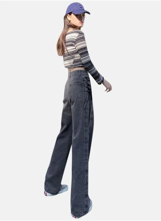 يونيكي Black Cotton Straight Fit High-Rise Jeans