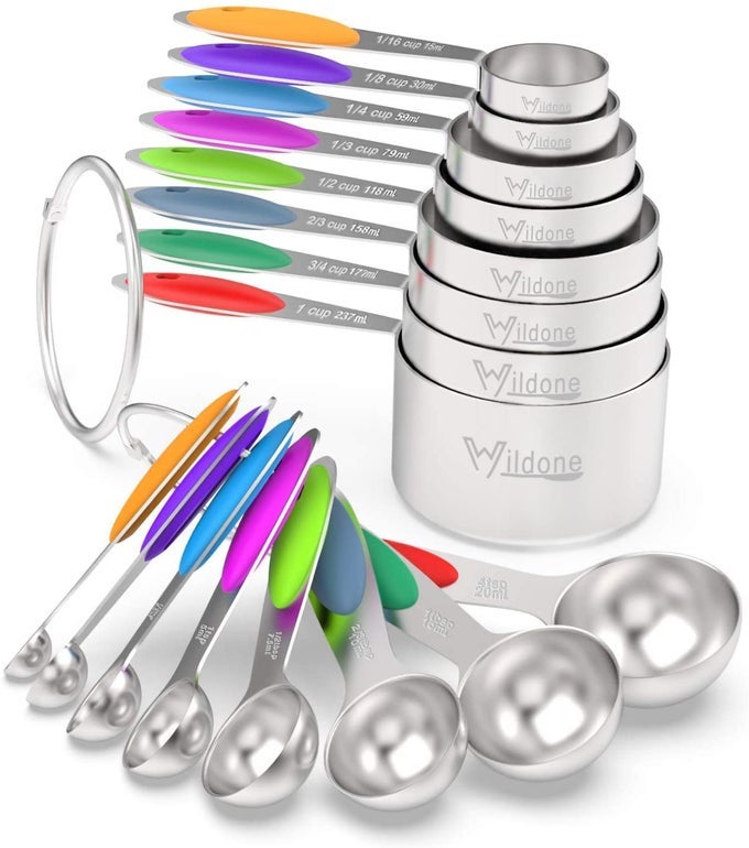 MEASURING CUPS SPOONS SET OF 16 PREMIUM STAINLESS STEEL MEASURING CUPS AND MEASURING SPOONS WITH COLORED SILICONE HANDLE INCLUDING 8 NESTING CUPS 8 SPOONS FOR DRY AND LIQUID INGREDIENT