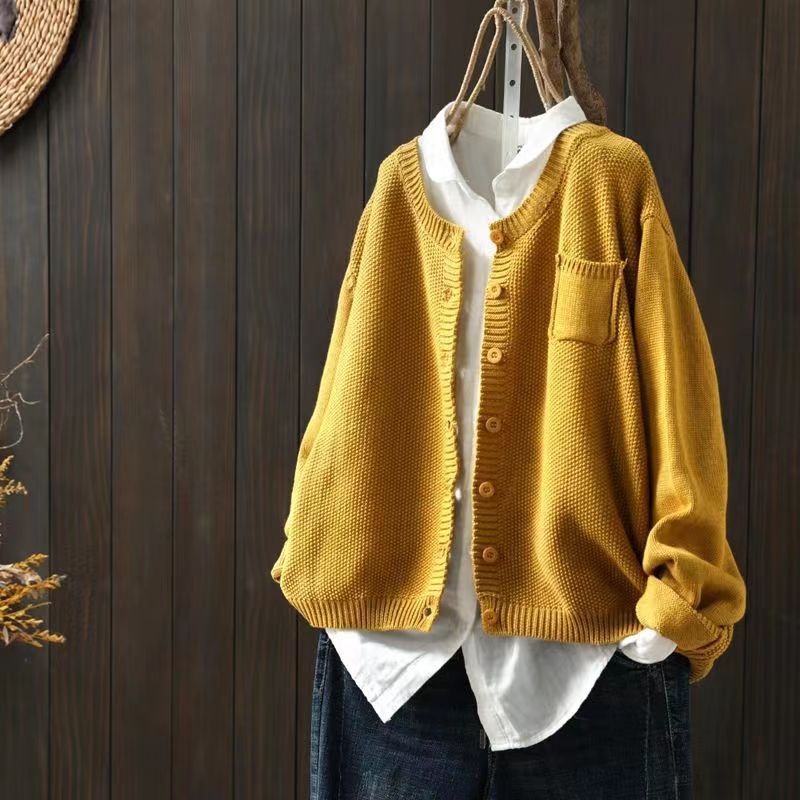 2023 Knitted Cardigan Sweater Womens Autumn Artistic Retro Long-sleeved Jacket Casual Top Yellow [high quality fabric and high quality]
