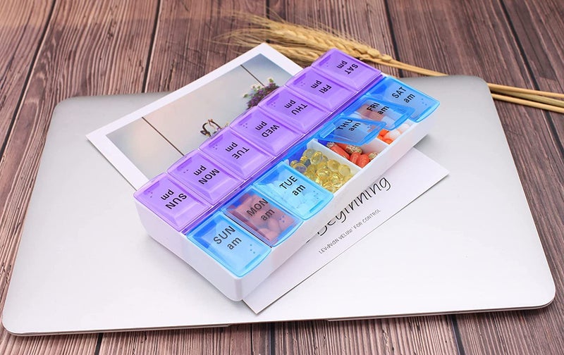 Zeinwap Weekly (7-Day) Pill Organizer and Planner, Countoured Bottom for Easy Pill Removal, Large, Blue-Purple AM/PM - Image 5