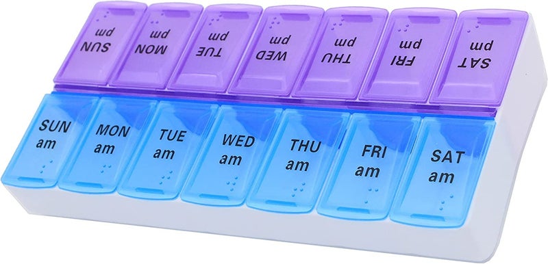 Zeinwap Weekly (7-Day) Pill Organizer and Planner, Countoured Bottom for Easy Pill Removal, Large, Blue-Purple AM/PM - Image 1