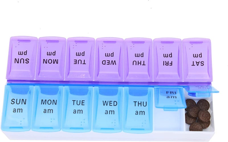 Zeinwap Weekly (7-Day) Pill Organizer and Planner, Countoured Bottom for Easy Pill Removal, Large, Blue-Purple AM/PM - Image 3