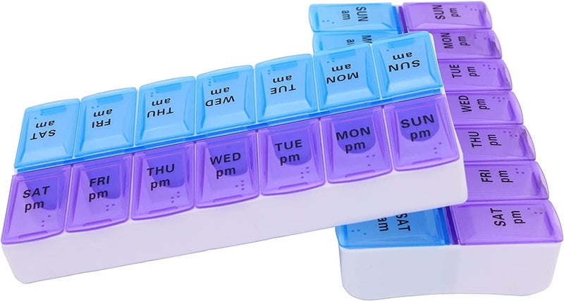 Zeinwap Weekly (7-Day) Pill Organizer and Planner, Countoured Bottom for Easy Pill Removal, Large, Blue-Purple AM/PM - Image 4