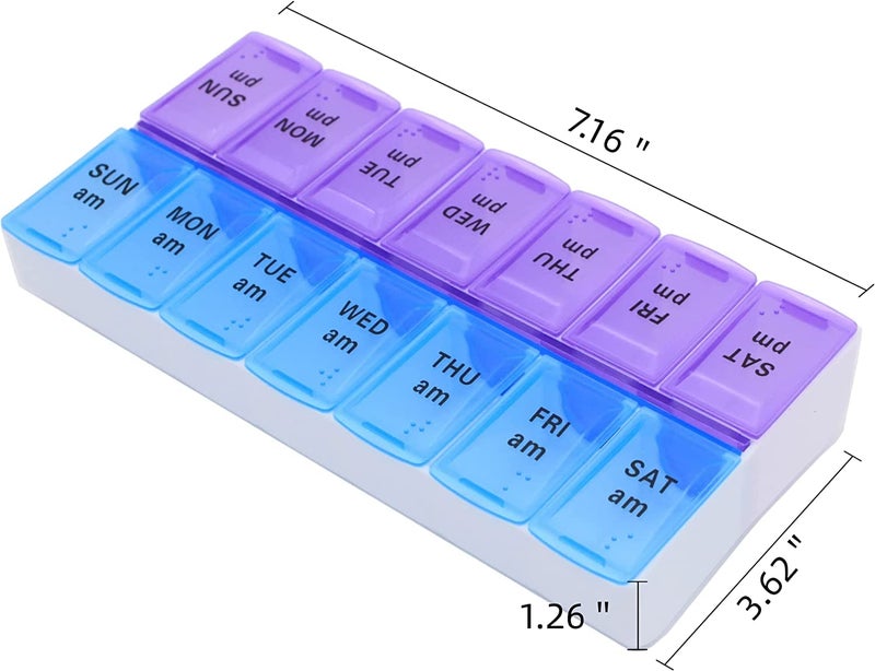 Zeinwap Weekly (7-Day) Pill Organizer and Planner, Countoured Bottom for Easy Pill Removal, Large, Blue-Purple AM/PM - Image 2