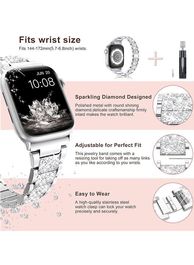 Compatible with Apple Watch Band 38mm 40mm 41mm Series 9 8 7 6 5 4 3 2 1 SE 1/ SE 2 for women, Bling Replacement Bracelet iWatch Band, Sparkle Diamond Rhinestone Stainless Steel Metal Wristband - Image 3