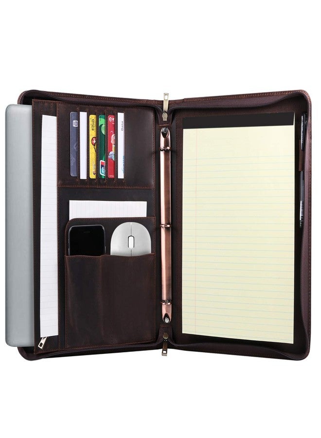 YIWEN Handmade Leather 3 Ring Binder Portfolio, Zippered Padfolio Business Organizer for 13" Tablet and 8.5 x 11 Notepad, Professional Business Travel Organizer (Dark Brown, Crazy Horse Leather) - Image 1