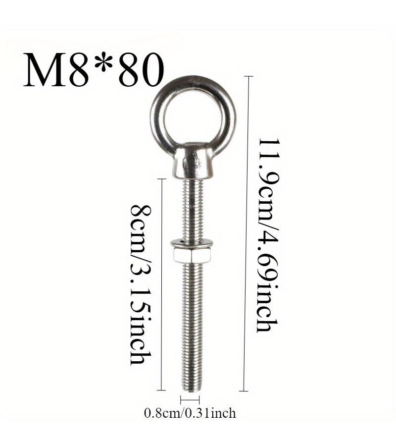 1pc Heavy Duty Stainless Steel Eye Bolt M8x80 With Washer And Nuts Shoulder Eyebolt Screw For Secure Fastening Durable Corrosion Resistant Hardware Industrial Marine Outdoor Use Polished Metallic Finish Sturdy Construction High Strength Material - Image 2