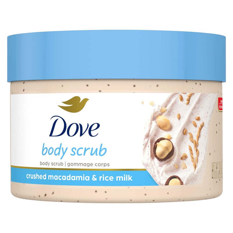Dove مقشر دوف بجوز المكاديميا وحليب الأرز يكشف عن بشرة أكثر نعومة مرئية مقشر للجسم يغذي البشرة 10.5 أونصة - Image 2