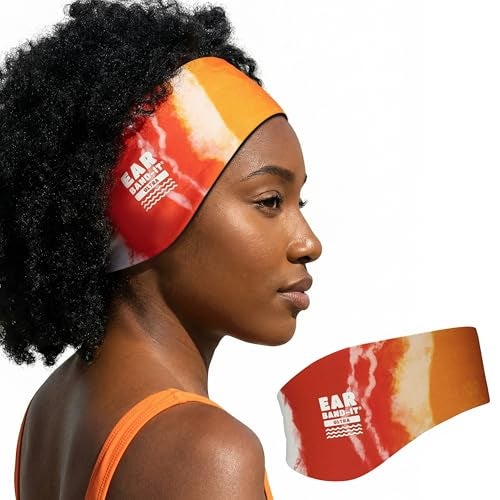 Ear Band-It Earvolution Ear Band-It Ultra Swimming Headband, American Brand, Doctor-Invented, Sensory-Friendly- Anti-Slip Grip &Thick Neoprene for Max Protection/Comfort, Holds Earplugs In, (Tie Dye Orange,Large) - Image 1