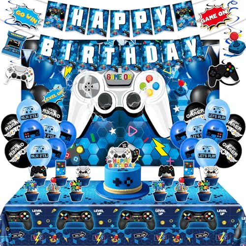 XXSCING 45Pcs Gamer Birthday Party Decorations Gaming Party Supplies with Backdrop Banner Tablecloth Balloons Swirls Cake Toppers for Video Game Theme Blue - Image 1