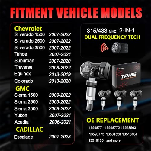 Cangecit 315/433MHz Pre-Programmed TPMS Sensor Set of 4 Fits Chevy Silverado, GMC Sierra, Tahoe, Suburban, Yukon, Escalade, Traverse, Equinox, Acadia, Colorado | OE# 13528563 13598773 - Image 2