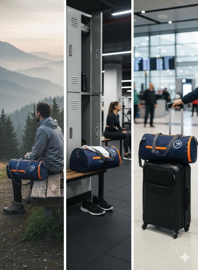 TYKA Round Gym Duffle Bag, Navy Blue with Orange Trim, Water-Repel Training Bag with Mesh Bottle Pocket, Adjustable Shoulder Strap, 8x8x16 inches - Image 5