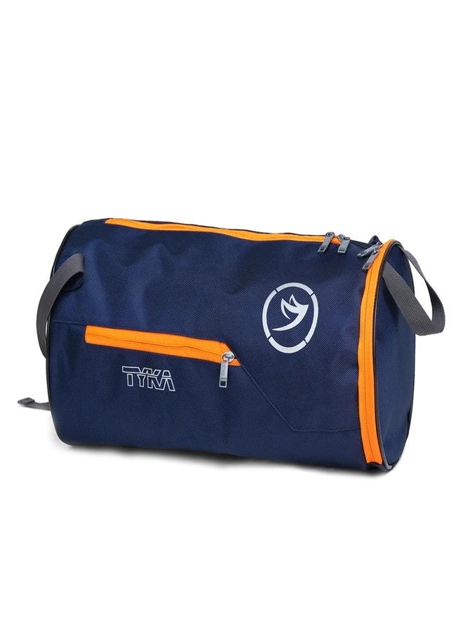 TYKA Round Gym Duffle Bag, Navy Blue with Orange Trim, Water-Repel Training Bag with Mesh Bottle Pocket, Adjustable Shoulder Strap, 8x8x16 inches - Image 1