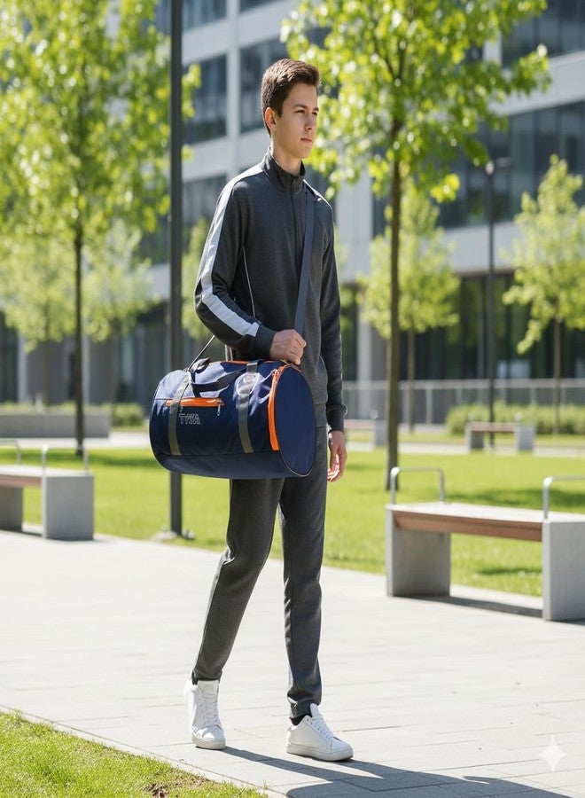 TYKA Round Gym Duffle Bag, Navy Blue with Orange Trim, Water-Repel Training Bag with Mesh Bottle Pocket, Adjustable Shoulder Strap, 8x8x16 inches - Image 4