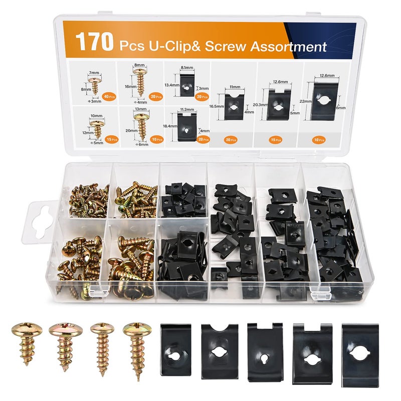 GOOACC 170Pcs Car U-Clip and Screw Assortment Kit 9 Different Sizes Automotive U Nut and Screw Clip Replacement Parts for Dash Door Panel Interior - Image 1