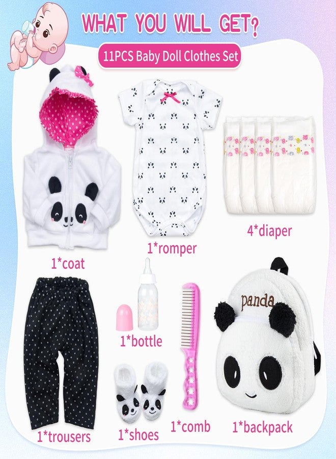 Pedolltree Reborn Baby Dolls Clothes Girl Outfits Accesories Panda 11 Pcs Set for 17-19 Inch Reborn Doll Newborn Girl&Boy with Backpack&Diaper - Image 2