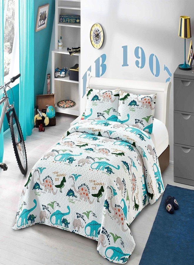 Kids Zone Collection Bedspread Coverlet Kids/Teens Variety Dinosaurs White Green Blue Orange New # Dinosaur Two (Twin) - Image 1