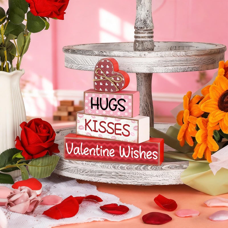 Sealmic 4 Pcs Valentines Day Table Decorations Centerpieces Valentine Wooden Block Table Sign Vintage Heart Tabletop for Tiered Tray Pink Red Farmhouse Wood Signs Indoor Shelf Office Desk Home Wedding Party - Image 4