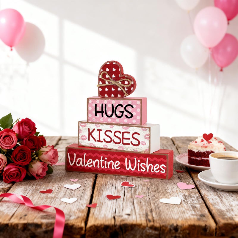 Sealmic 4 Pcs Valentines Day Table Decorations Centerpieces Valentine Wooden Block Table Sign Vintage Heart Tabletop for Tiered Tray Pink Red Farmhouse Wood Signs Indoor Shelf Office Desk Home Wedding Party - Image 5