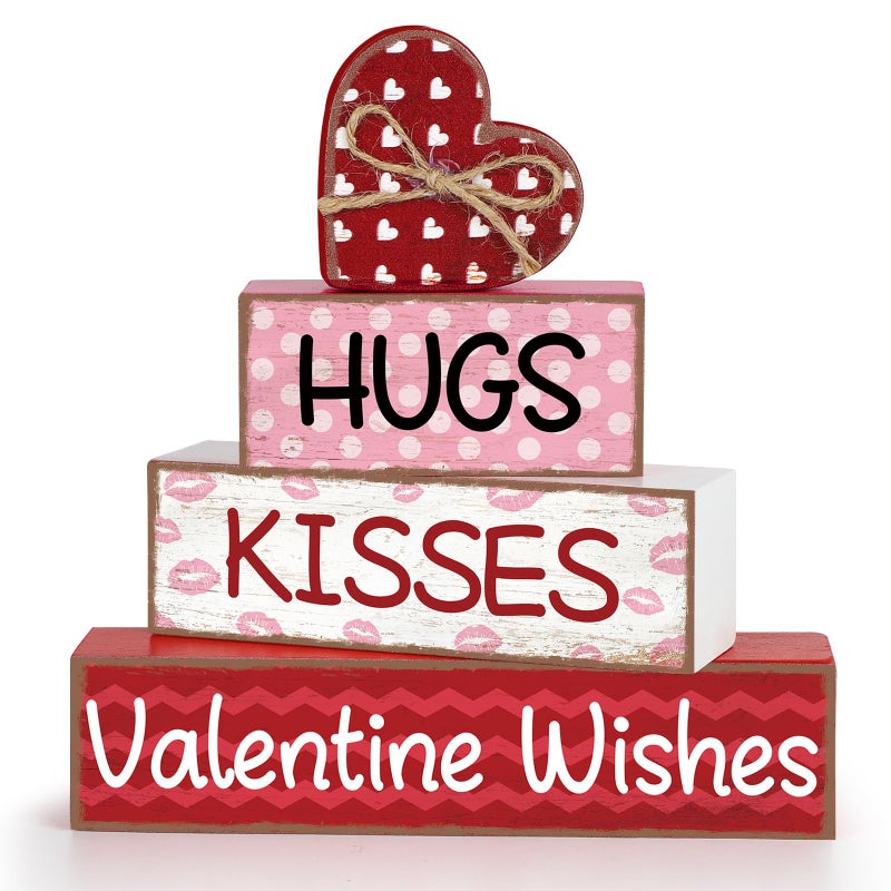 Sealmic 4 Pcs Valentines Day Table Decorations Centerpieces Valentine Wooden Block Table Sign Vintage Heart Tabletop for Tiered Tray Pink Red Farmhouse Wood Signs Indoor Shelf Office Desk Home Wedding Party - Image 1