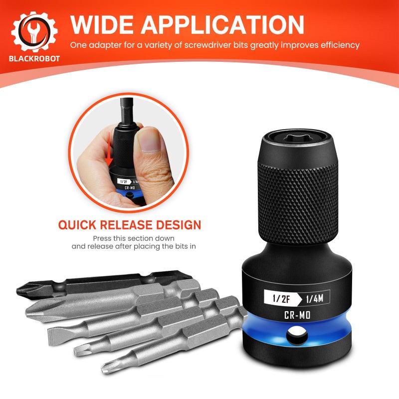 BLACKROBOT Quick Release Impact Bit Holders 1/2-Inch Square Drive to 1/4-Inch Hex Socket Adapter, CR-MO Steel, Blue - Image 3