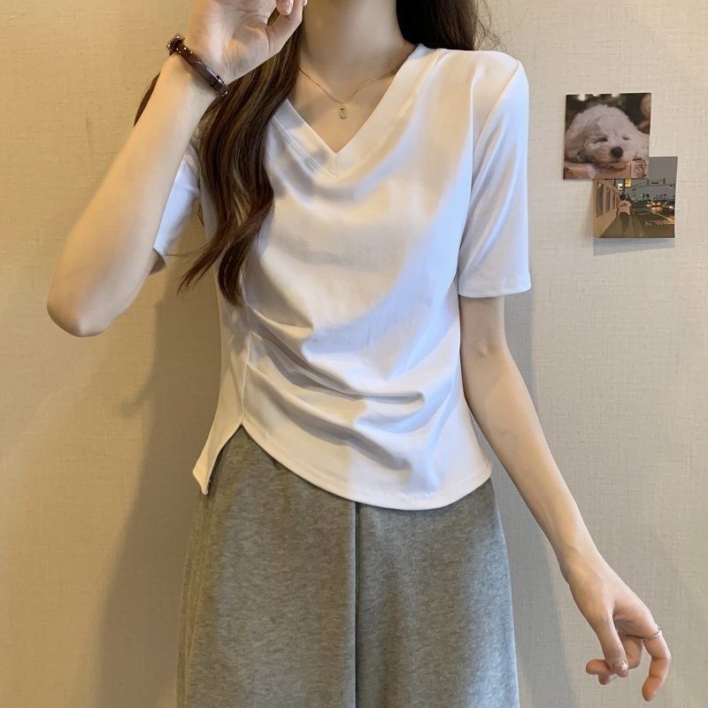 2024 Summer Korean Style New Slim-Fit All-Match Slimming Pleated Design Sense Small V-Neck Top Short-Sleeved T-Shirt For Women - Image 5