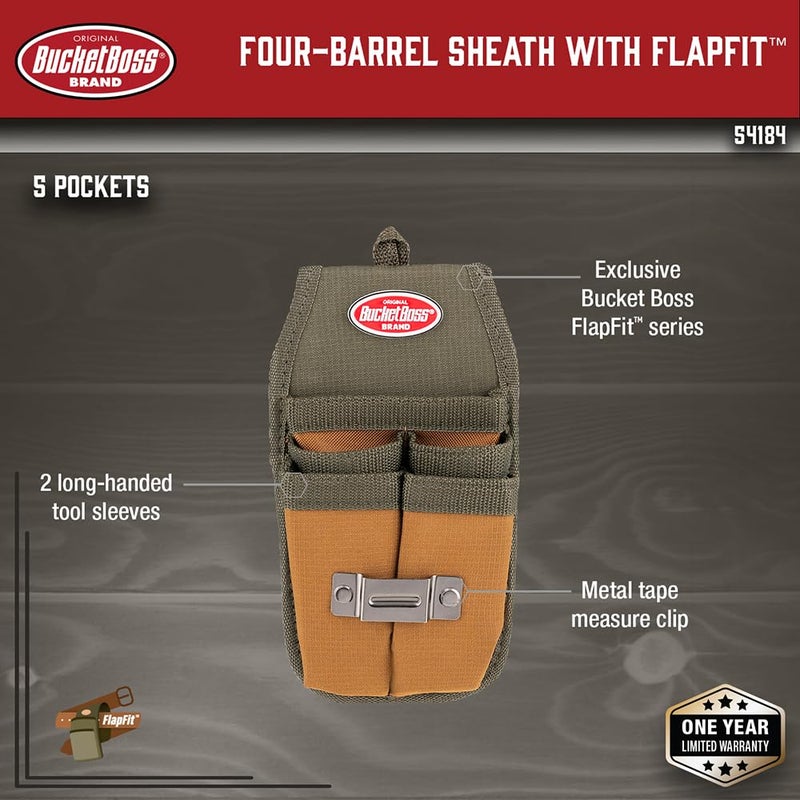 Bucket Boss Four-Barrel Tool Sheath with FlapFit to Fit Instantly Over a Belt or Into a Pants Pocket, with 5 Tool Pockets and 2 Loops, and Metal Tape Clip, in Brown, 54184 - Image 2