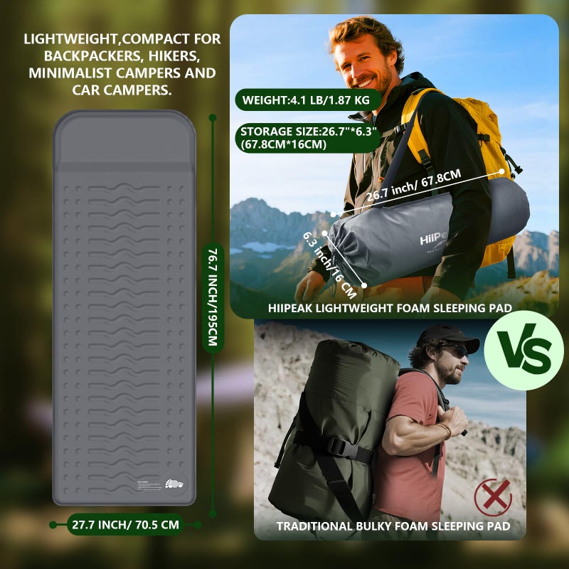 HiiPeak Memory Sleeping Pad, Compact 3" Thick Foam Sleeping Mats with Pillow, 9.5 R-Value Insulated Camping Mattress Pad, Easy Inflate & Deflate, Inflatable Sleep Mat for Backpacking Hiking Car Tent - Image 2