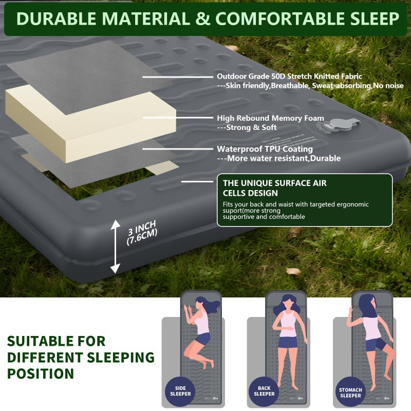 HiiPeak Memory Sleeping Pad, Compact 3" Thick Foam Sleeping Mats with Pillow, 9.5 R-Value Insulated Camping Mattress Pad, Easy Inflate & Deflate, Inflatable Sleep Mat for Backpacking Hiking Car Tent - Image 3