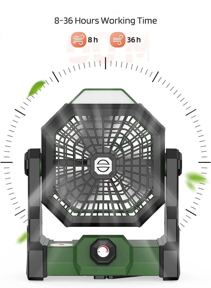 ALAMAREQ 3 Speeds Camping Table Fan Rechargeable Tent Fan with Hanging Hook,with LED Light Operated for Picnic, Barbecue, Fishing, Travel Home and office (Green) - Image 2