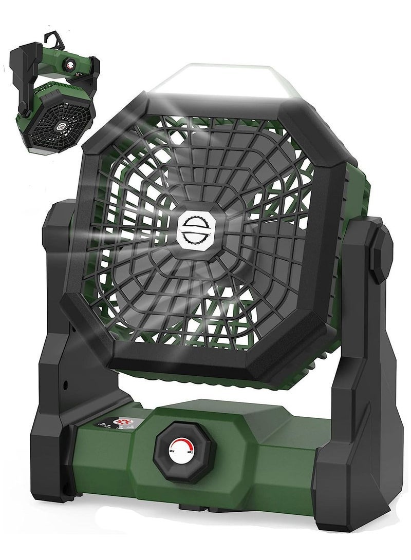 ALAMAREQ 3 Speeds Camping Table Fan Rechargeable Tent Fan with Hanging Hook,with LED Light Operated for Picnic, Barbecue, Fishing, Travel Home and office (Green) - Image 1