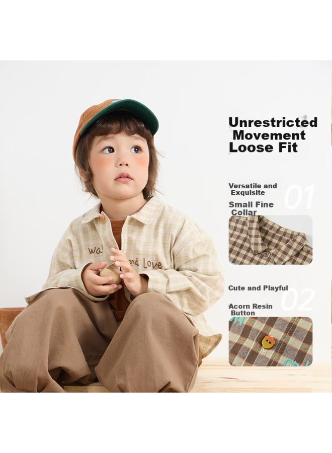 Papapapa Autumn Children's Shirt Boys And Girls Fashion Plaid Cotton Thin Shirt Brown 120 - Image 2
