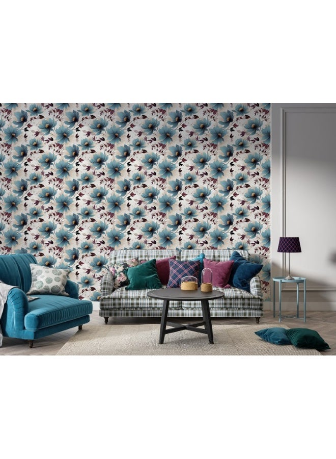 Home Gallery Blue Wild Flowers Watercolor Fabric Wallpaper Covers An Area ​​Up To 4.2Mx3M With Adhesive  And Smoothing Tool  - Image 5