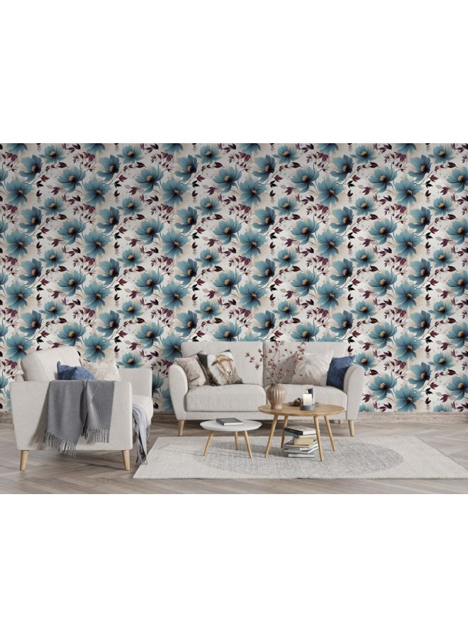 Home Gallery Blue Wild Flowers Watercolor Fabric Wallpaper Covers An Area ​​Up To 4.2Mx3M With Adhesive  And Smoothing Tool  - Image 2