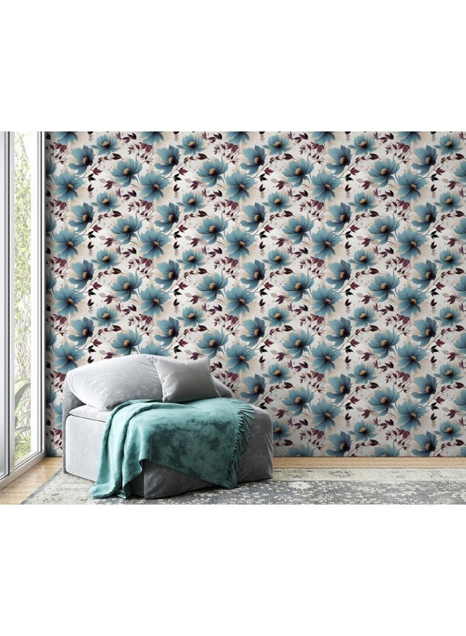 Home Gallery Blue Wild Flowers Watercolor Fabric Wallpaper Covers An Area ​​Up To 4.2Mx3M With Adhesive  And Smoothing Tool  - Image 4