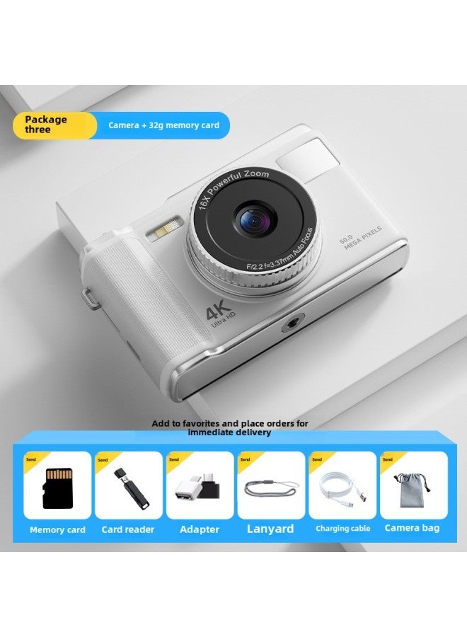 كاميرا رقمية للطلاب CCD بدقة 50 مليون بيكسل AF وتركيز تلقائي وشاشة عرض فائقة الدقة مقاس 2.8 بوصة - لون الجسم: أبيض + بطاقة ذاكرة 32 جيجا - Image 1