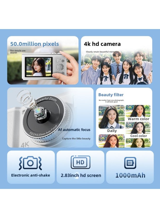 كاميرا رقمية للطلاب CCD بدقة 50 مليون بيكسل AF وتركيز تلقائي وشاشة عرض فائقة الدقة مقاس 2.8 بوصة - لون الجسم: أبيض + بطاقة ذاكرة 32 جيجا - Image 4