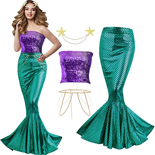 Newcotte 4 Pcs Mermaid Costume for Women Sequin Tube Top Skirt Pearl Waist and Head Chain for Halloween Cosplay (Green, Purple,Small) - Image 1