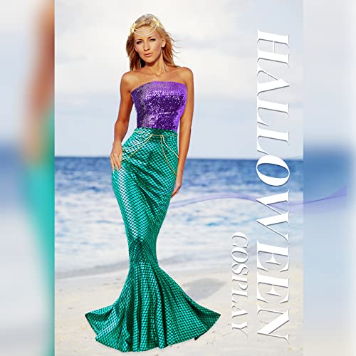 Newcotte 4 Pcs Mermaid Costume for Women Sequin Tube Top Skirt Pearl Waist and Head Chain for Halloween Cosplay (Green, Purple,Small) - Image 5