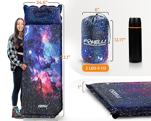 Foxelli Self Inflating Sleeping Pad for Camping, Backpacking, Hiking, Insulated Foam Lightweight Camping Mat, Inflatable Camp Mattress with Pillow - Image 3