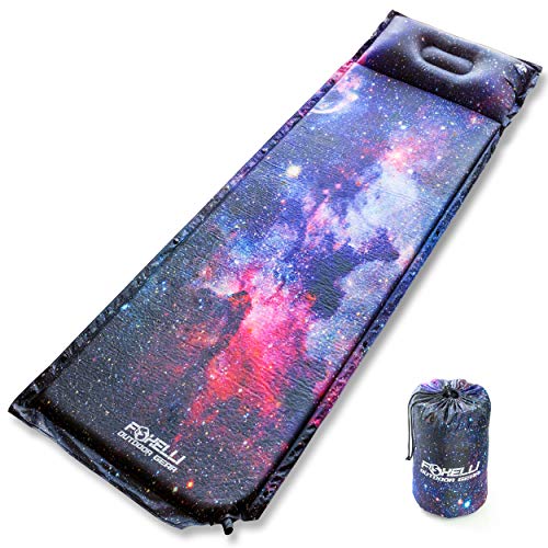Foxelli Self Inflating Sleeping Pad for Camping, Backpacking, Hiking, Insulated Foam Lightweight Camping Mat, Inflatable Camp Mattress with Pillow - Image 1