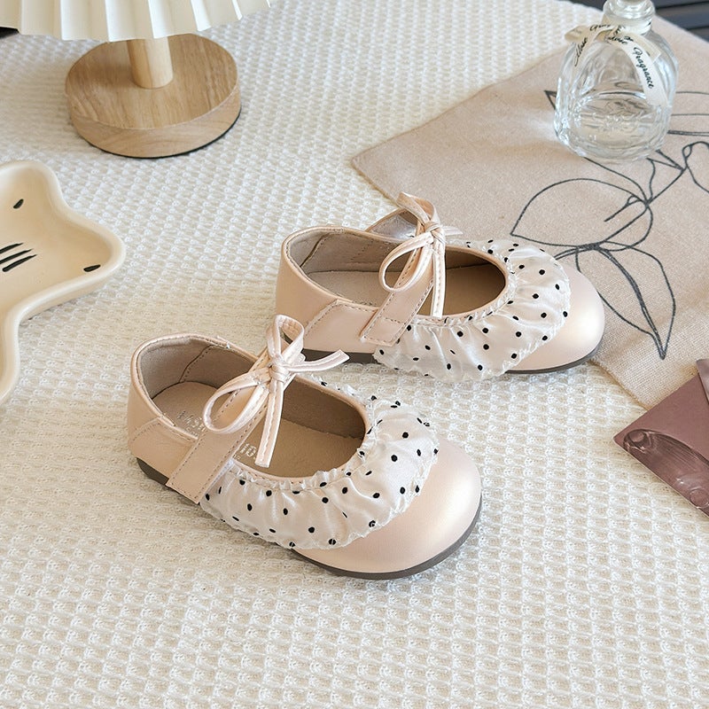 Girls'' Korean-Style Polka Dot Mesh Lace Leather Shoes 2026 Spring and Autumn New Soft-Soled Shallow Single Shoes Princess Shoes Stylish - Image 1