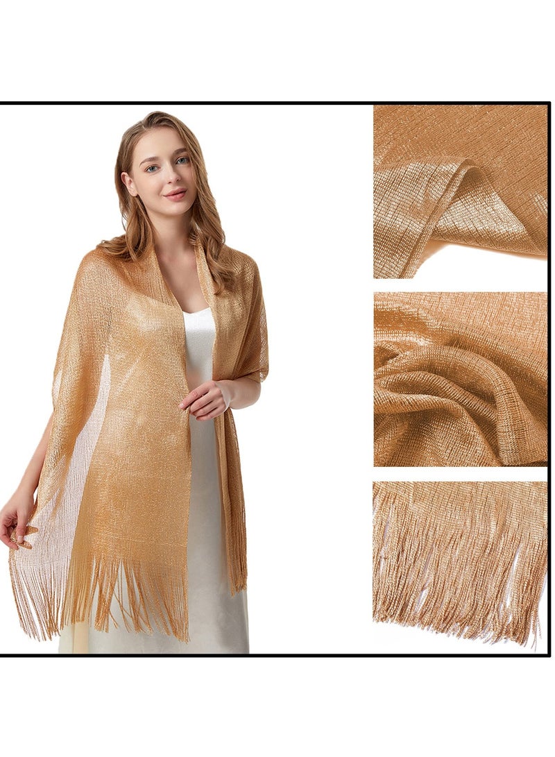 Excefore Sparkling Shawls Wraps with Fringes, Pashmina for Weddings, Bridal, Bridesmaids, Evening Party, Gold Thin Shawl, Fashion Headscarf, Silky Oversized Scarf - Image 4